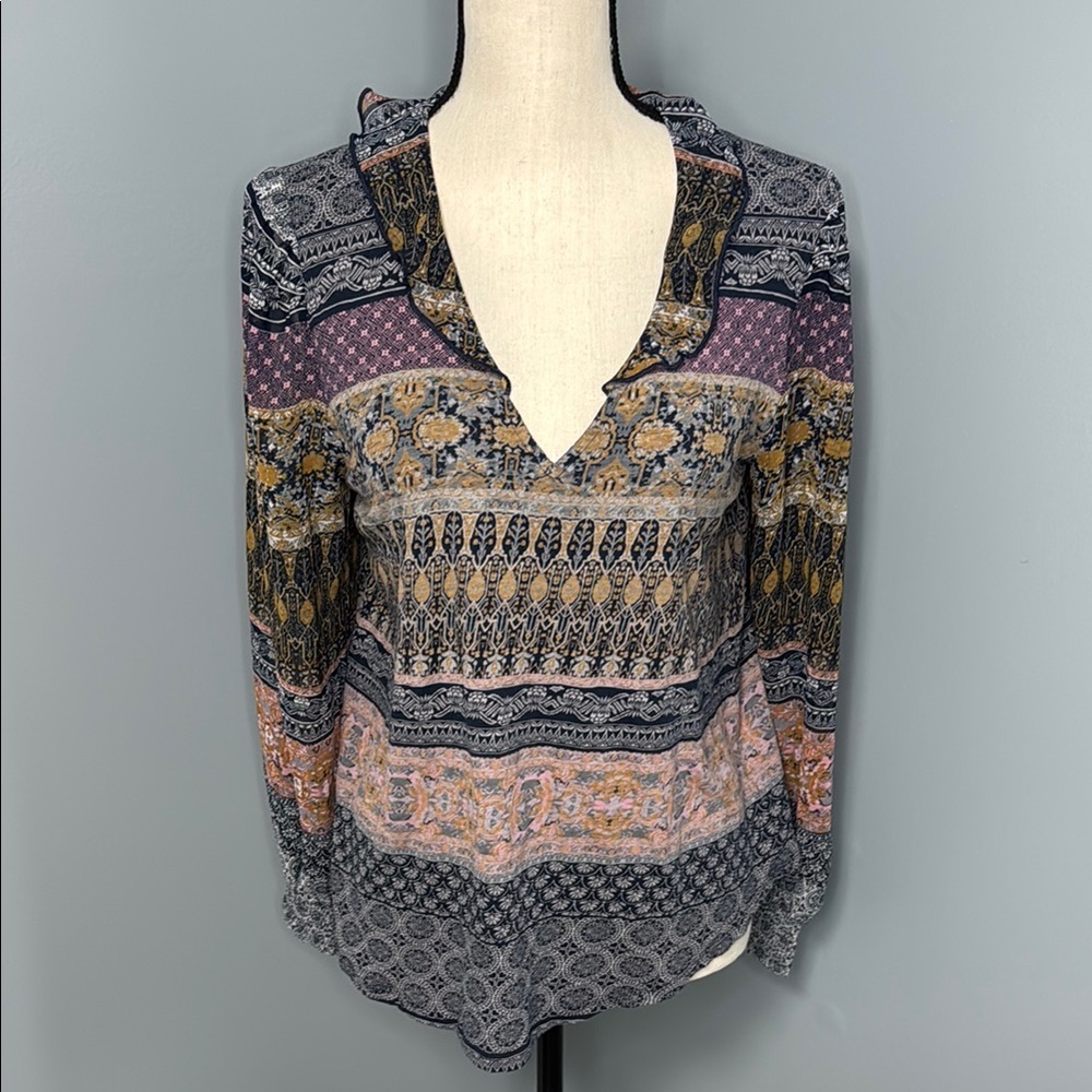 Lucky Brand Women’s Boho Multicolor Lined Sheer Sleeve Top Sz M